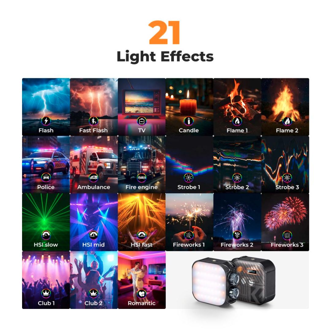 K&F Concept RGB Video Light, 21 Light Effects, 2500K-9900K, 2000mAh Vlogging (Crni) KF34.036 - 6